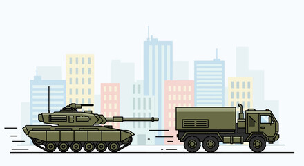 Fototapeta premium Military Tank And Truck In Urban Landscape Illustration