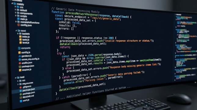 Close-up of computer monitor displaying JavaScript code for generic data processing module and network response handling.