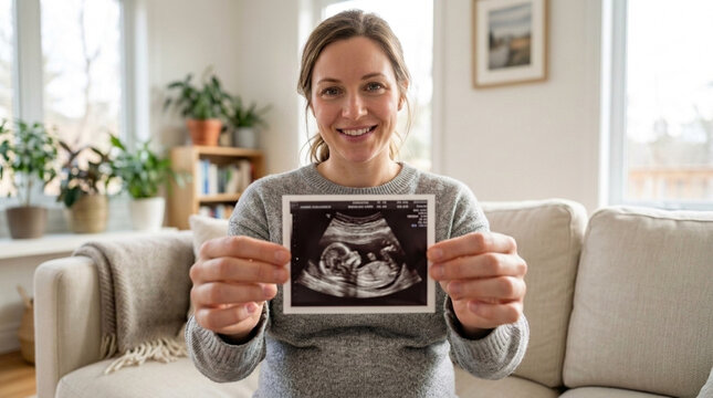 Happy pregnant woman holds ultrasound photo of baby, smiling