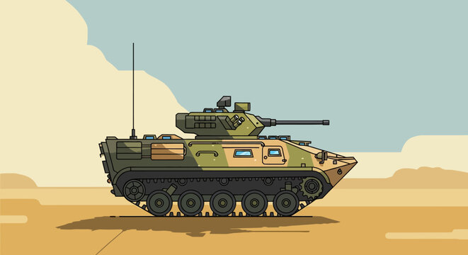 Military tank illustration in desert environment, vector design