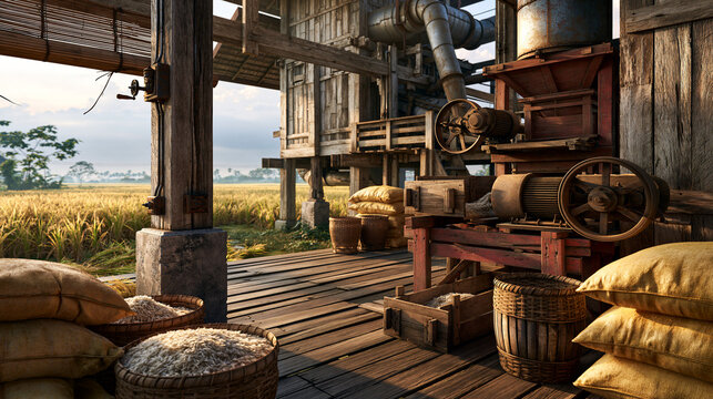 AI generated photo of antique wooden rice mill situated amidst ripening rice fields in the Thai countryside. traditional Thai rice mill, large wooden rice milling factory, classic rice mill machinery,