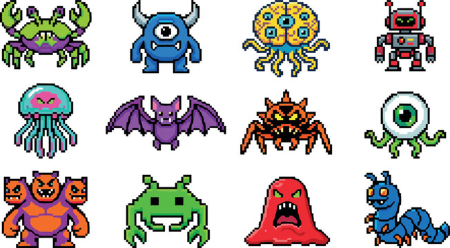 Pixel art retro arcade video game monsters vector icon collection featuring alien creatures, cyclops, brain jellyfish, robot, bat, spider, eyeball, and slime.