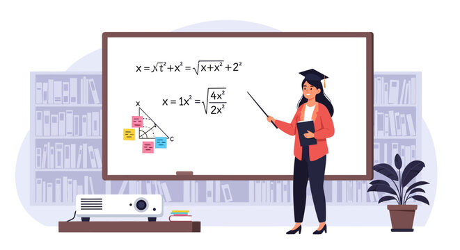 Female teacher in graduation cap explaining math equations on whiteboard.