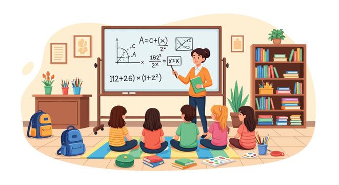 Teacher instructing young students in a classroom setting with math equations on a whiteboard.