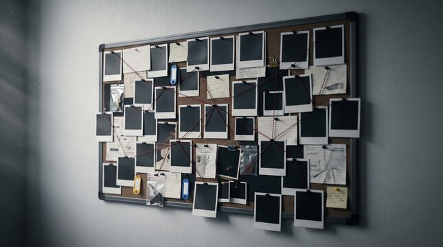 Detective Evidence Board with Crime Scene Photos and Clues