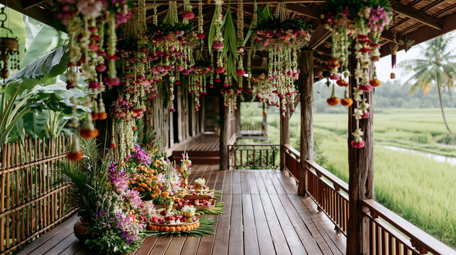 AI generator images of Thai Wisdom and Cultural Heritage ,Fresh flower arrangements used to decorate home and for important Thai ceremonies such as weddings  ordination ceremony. fragrance of thailand