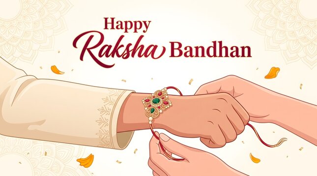 Happy raksha bandhan banner with sister tying rakhi on brother wrist and falling petals.