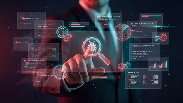 Software bug detection and debugging concept, businessman touching magnifying glass with bug icon among floating code windows, gears, radar and chart icons, QA testing, error search and program fix