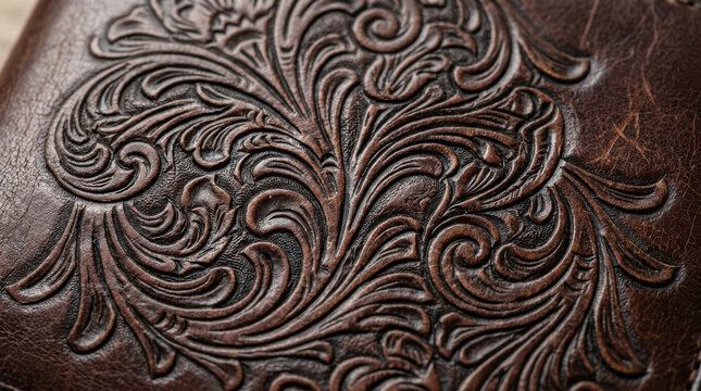 Close-up of embossed brown leather with detailed floral tooling pattern and traditional craftsmanship