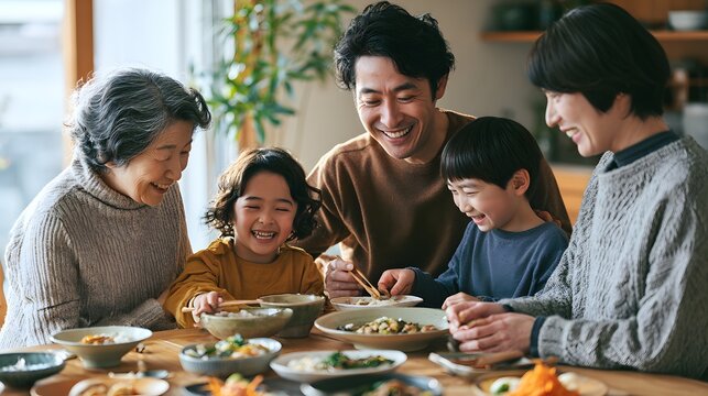Joyful parents and children enjoying homemade food