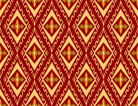 Hand-drawn Seamless Luxurious Traditional Mudmee Ikat Diamond Pattern in Burgundy Red and Mustard Yellow Ochre for Upholstery Fabric and Elegant Backdrop Design