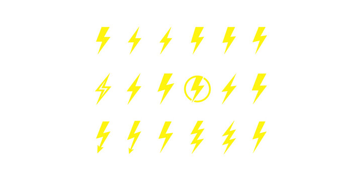 Set of Yellow Lightning Bolt Icons for Energy and Power Concepts