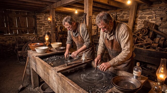Rustic Gold Mining: Two Men Process Ore with Mercury