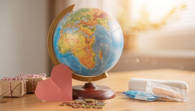 Globe, heart, donations, coins, and medical supplies symbolize worldwide humanitarian support, healthcare assistance, compassion, and charitable giving initiatives.