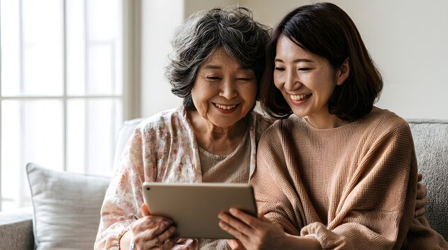 Cheerful mother and adult daughter sharing a tablet