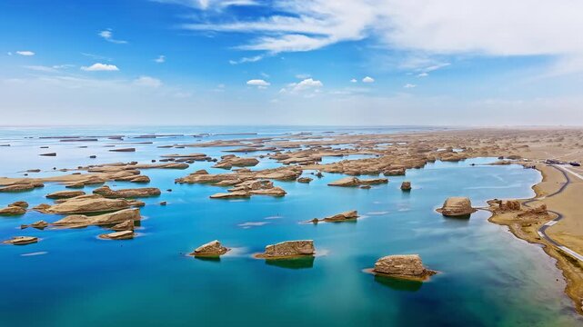 Aerial drone shot of water yardang landforms surrounded by turquoise water in the Qaidam Basin, Qinghai, China
