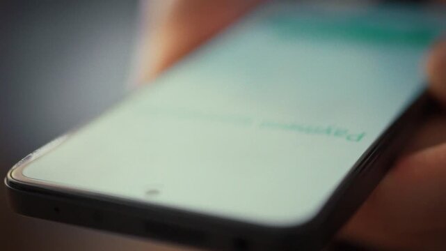 Pressing the pay button on mobile shopping app, man's finger completes store transaction. The screen records a brief pause, then flashes a successful payment confirmation, showing one-touch commerce