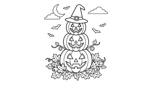 Stack of three carved halloween pumpkins with a witch hat for coloring page design