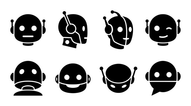 Robot Head Icons, AI Character Faces, Futuristic Android Emoticons, Sci-Fi Bot Avatars, Technology Symbols