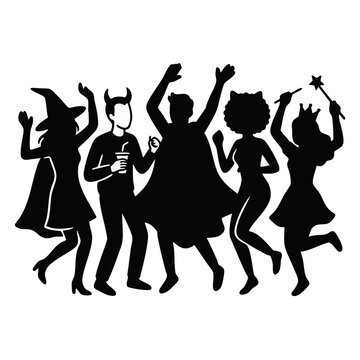 Teenagers dancing at a costume party. Halloween celebration concept. Black silhouette vector illustration isolated on transparent background