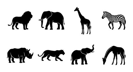 African Wildlife Silhouettes: Lion, Elephant, Giraffe, Zebra, Rhino Vector Set © Naim