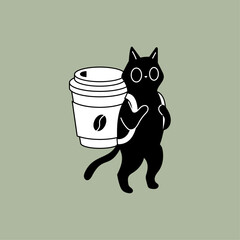 Cute black cat walking with a takeaway coffee cup vector © helenreveur