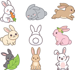 Fototapeta premium Cute bunny rabbit vector character set with cartoon hares eating carrot sleeping running jumping and waving in kawaii style
