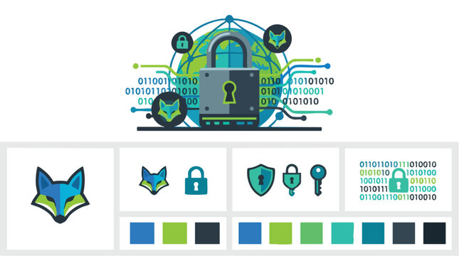 Cybersecurity branding kit with fox logo and data protection icons