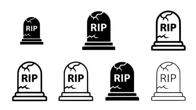 Set of black and white graveyard tombstone headstone icons with rip text design