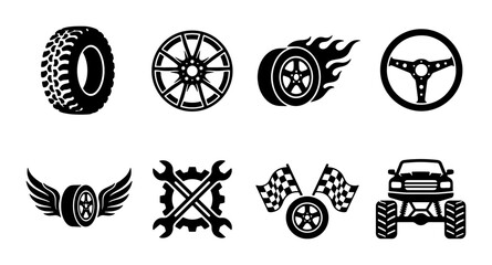 Automotive Icons Set: Tire, Wheel, Steering Wheel, Wrench, Flags, Monster Truck Graphics © Tanvir