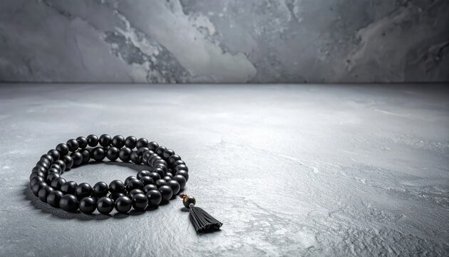 Beaded prayer mala with tassel on textured stone surface.
