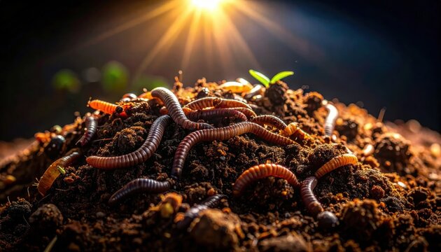 Close Up Soil Mound With Tiny Worm Larvae Under Warm Sun.