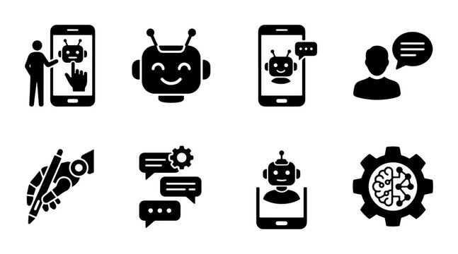 AI Chatbot Icons, Robot Assistant Vector Set, Smart Technology Interface Graphics