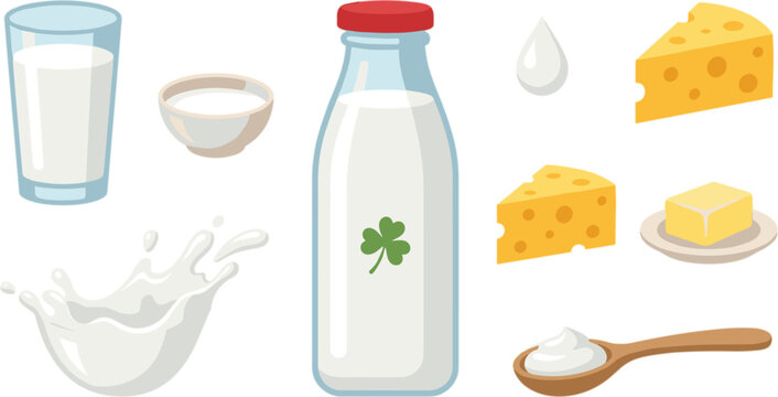 Fresh dairy product vector set with milk bottle glass splash cheese wedge butter spoon cream and bowl in flat style