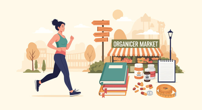 Woman jogging near organic market and health supplements.