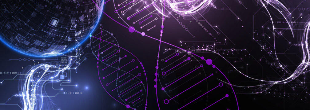 Abstract scientific background with glowing DNA double helix and futuristic bio sphere.