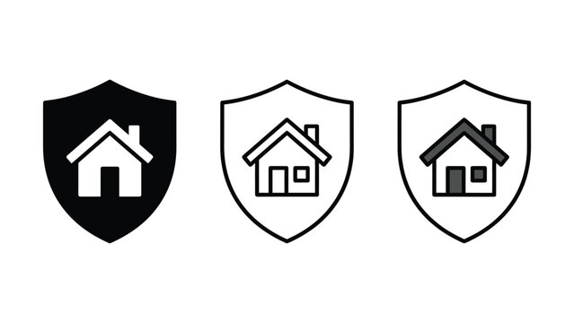 Three black and white shield icons with house symbols on transparent background