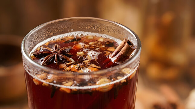 Macro eye level shot of a warm glass of bir pletok, a popular traditional Indonesian drink among the Betawinese people against a brown blurry background. Suitable for healthy and traditional drinks