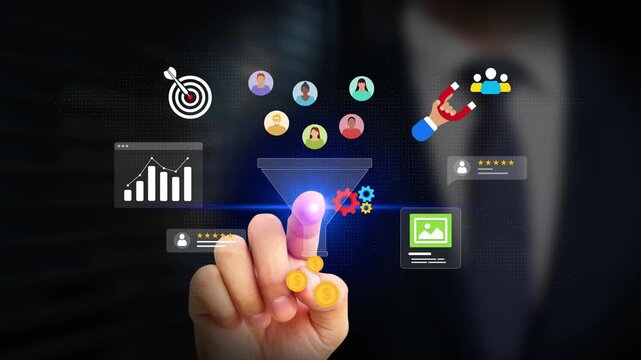 Lead Generation, CRO, Conversion Rate Optimization, Digital Marketing Concept. Businessman Touching Sales Funnel on Virtual Screen. Convert Audience into Sales, Customer Engagement Insights. 4K Video