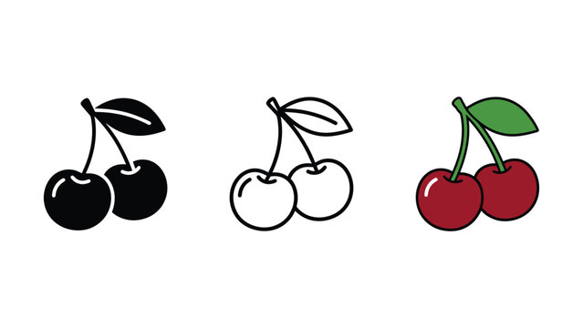 Three different colored cherry icons with leaves on white background
