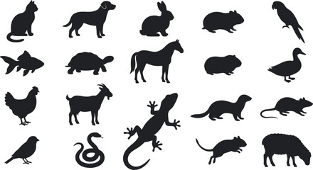 Fototapeta premium Set of black silhouettes of different domestic and farm animals including cat dog rabbit horse pig chicken and other pets for veterinary and farming design projects