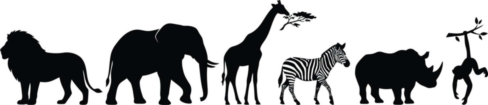 Black silhouettes of wild african safari animals including a lion elephant giraffe zebra rhino and monkey standing in a row as a group set for design projects and icons