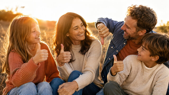 Happy family giving thumbs up outdoors at sunset