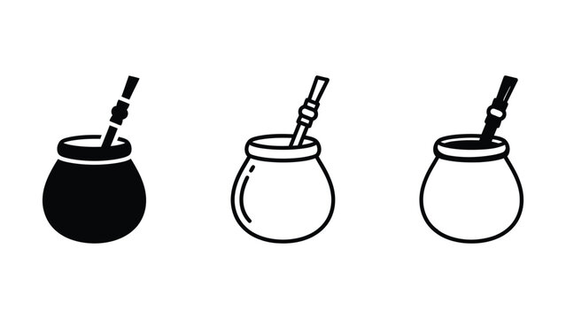 Three different line art styles of traditional South American mate gourds with straws