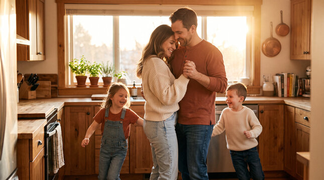 Family slow dancing in kitchen at home