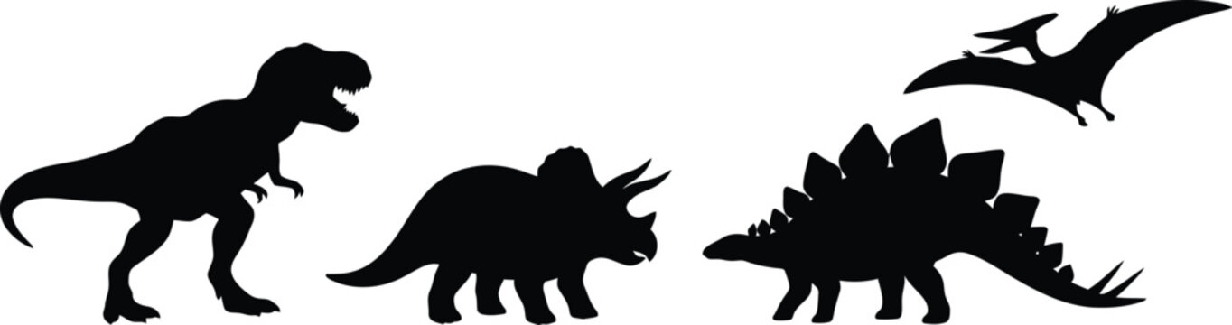 Set of four prehistoric dinosaur silhouettes including t-rex triceratops stegosaurus and pterodactyl isolated icons for educational projects and children book designs