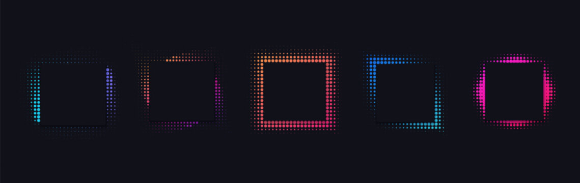 Neon square halftone shapes with a glow effect. Bright, colorful frames for digital projects, banners, text messages. Vector illustration
