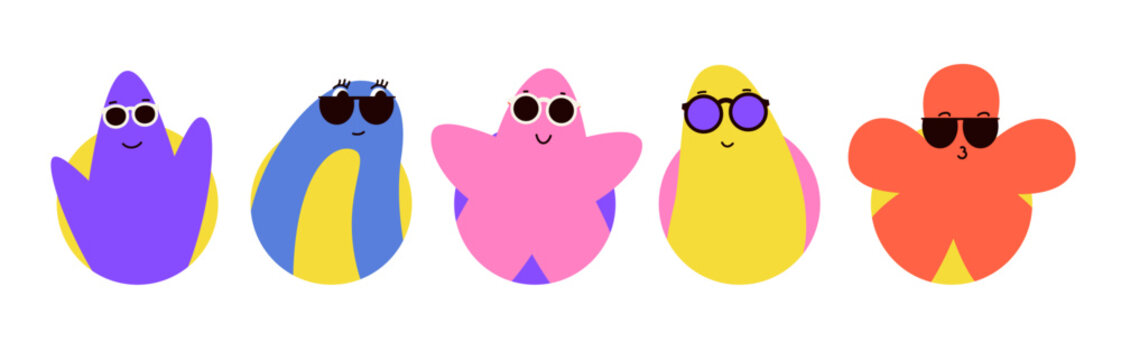 Funny character avatars with happy emotions. Cute comical facial expressions with glasses. Vector illustration.