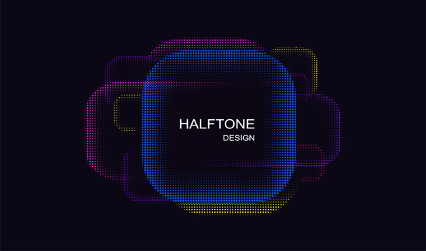 Bright neon halftone shapes. Abstract modern gradient dot shape design for digital web projects. Vector illustration.