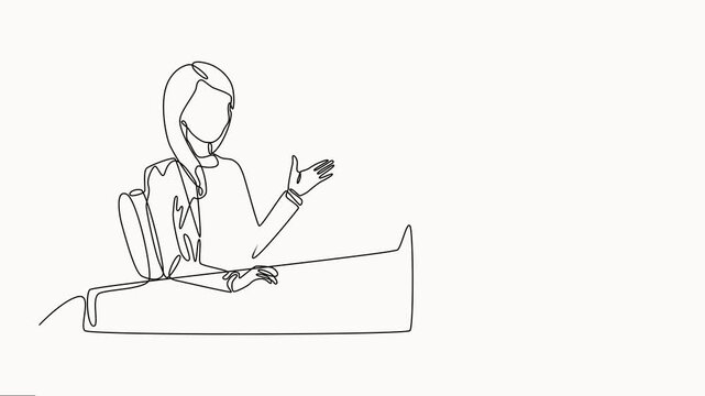 businesswoman using laptop working on computer with black line and white background, full-length one-line animation isolated on white background.